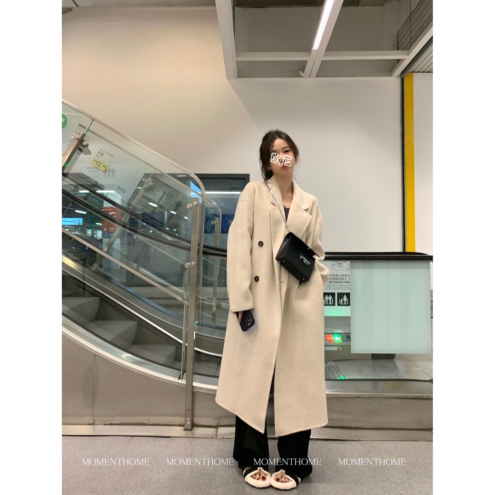 MOMENTHOME 简约双排扣中长款羊毛双面呢子外套大衣秋冬图片