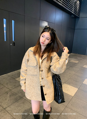 MOMENTHOME 肉桂杏温柔羊毛衬衣领厚实编织单排扣小香风