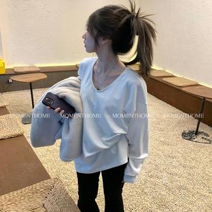 MOMENTHOME T恤上衣女秋 基础内搭 内搭软糯糯白色简约百搭U领长袖