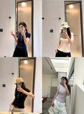 MOMENTHOME娜娜自制基本不挑四色莱赛尔亚麻钮扣圆领短袖针织上衣