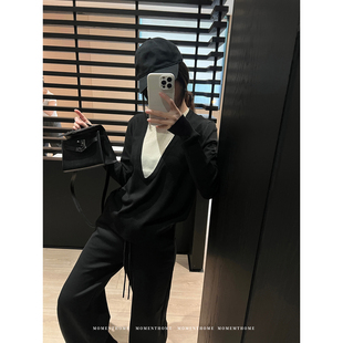 MOMENTHOME 高智感羊毛深V假两件套针织上衣宽腰头休闲裤