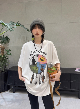 *捡漏一线*专柜*撤回剪标美式复古印花短袖T恤女夏季纯棉慵懒上衣