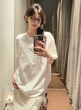 美式复古蝴蝶结刺绣白色短袖T恤女夏季纯棉宽松设计感慵懒上衣ins