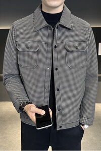 @店主风 夹克男水洗皮革千鸟格高品质男式外套防水大码JK0925-P95图片