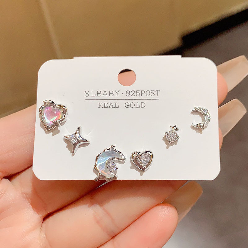 精致小巧锆石星月组合三件套耳钉韩版时尚网红银针耳环设计感