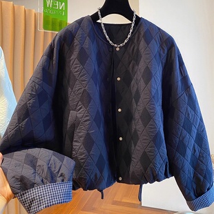 韩国超好看菱格提花棉服女2025秋冬新款 夹棉棉衣外套 宽松洋气短款