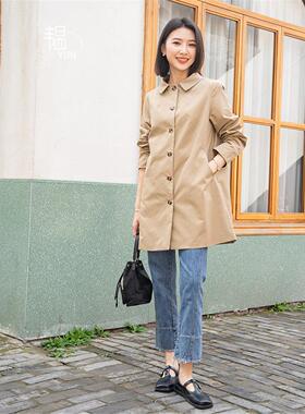 YUN韫2024秋季新款女气质翻领单排扣长袖简约中长款风衣外套