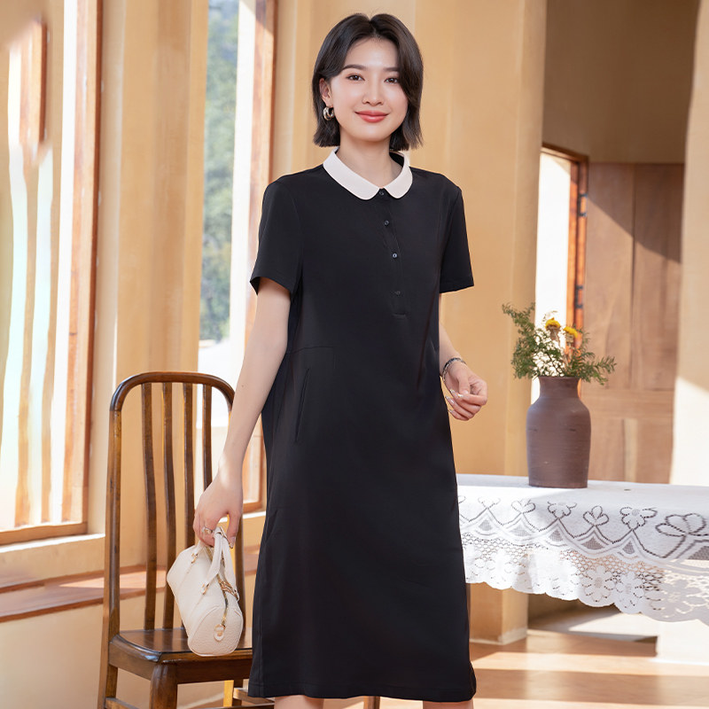YUN2025夏季新品女经典通勤拼色POLO领气质简约短袖连衣裙5616