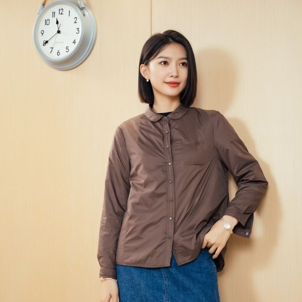 YUN韫2025年冬季女士时尚休闲长袖妈妈装气质翻领夹棉纯色衬衫