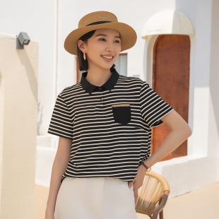 短袖 YUN2025夏季 翻领撞色黑白条纹针织休闲女装 女装 T恤5556 新品