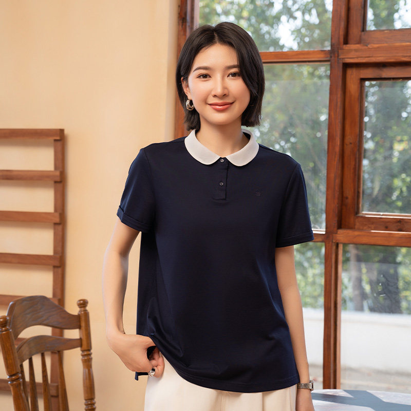 YUN2025夏季新品女装通勤休闲商务翻领套头绣花针织T恤上衣5692