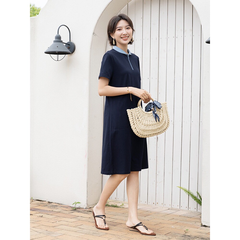 韫夏季女装娃娃领半拉链针织裙