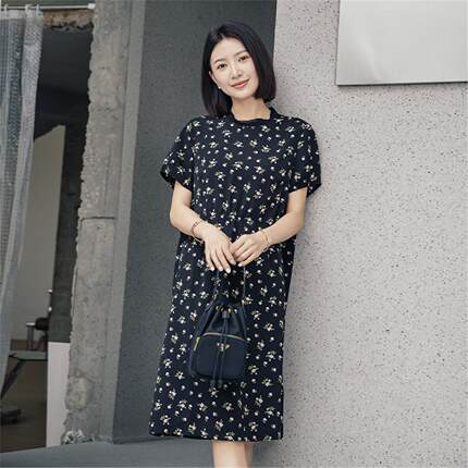 YUN韫2024夏季新款女装圆领气质显瘦飘逸雪纺印花短袖连衣裙