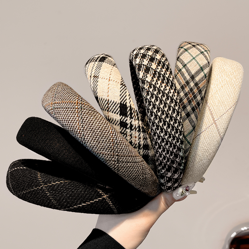 高级感格纹发箍女学院风发卡高颅顶压发头箍秋冬复古气质发捆头饰