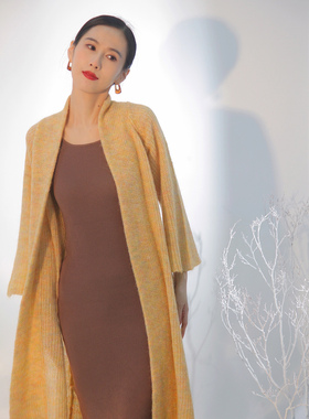 若浓Puff系列 斑斓小鸡黄蓬松马海毛淡黄色加长毛衣针织开衫