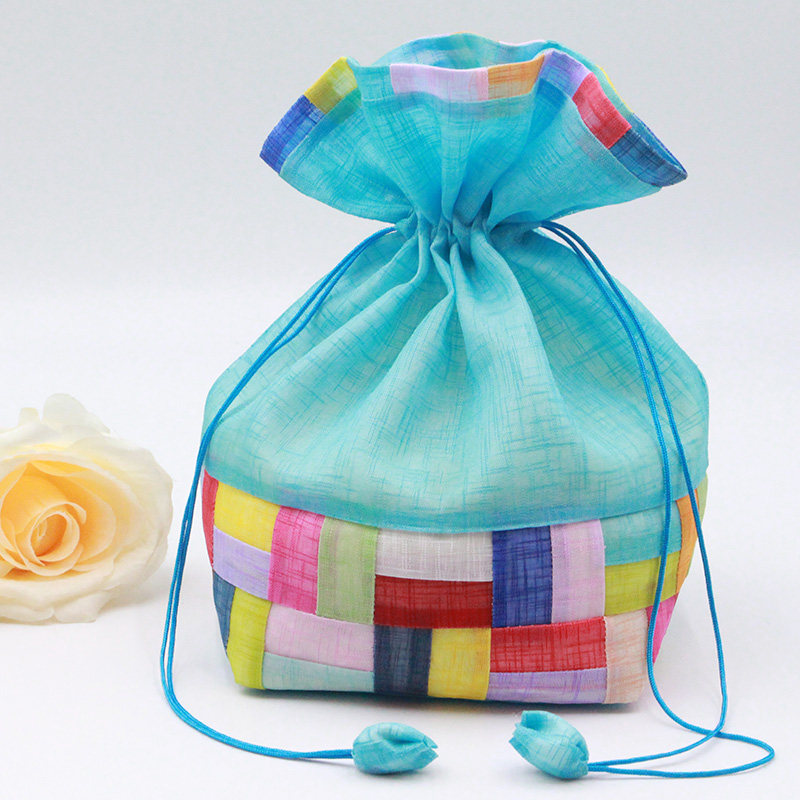 竹节纱方底礼品袋蓝色抽绳拼接韩版朝鲜民族风礼物饰品首饰包装袋