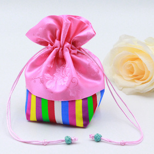 喜糖袋礼物袋抽绳束口彩条纹朝鲜民族风韩版小布袋粉色小袋子首饰