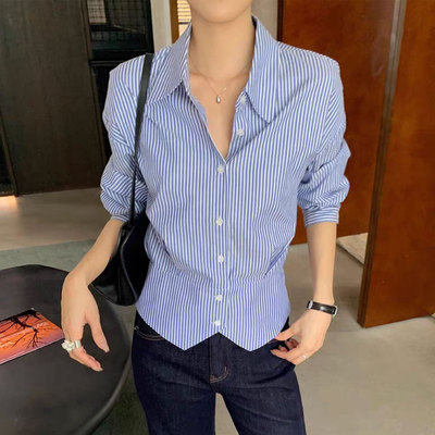2026春季款miu系蓝色条纹收腰衬衫抗皱免烫气质休闲百搭通勤衬衣
