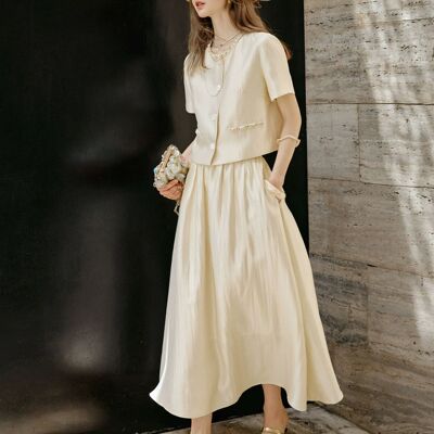 26夏季缎光肌理重工贝壳嵌珠设计气质外套/半身裙套装25831+25832