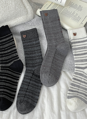 麻田日记秋冬款桑蚕丝羊毛小熊纽扣微压条纹女中筒搭配勃肯鞋堆堆