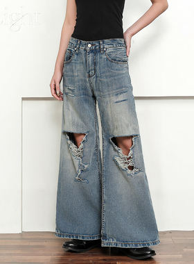 G Light复古水洗蓝割烂牛仔裤男女微弯刀竹节纹宽松破洞阔腿长裤