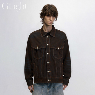 Light复古老钱风棕色植绒牛仔外套男女美拉德痞帅炸街夹克上衣