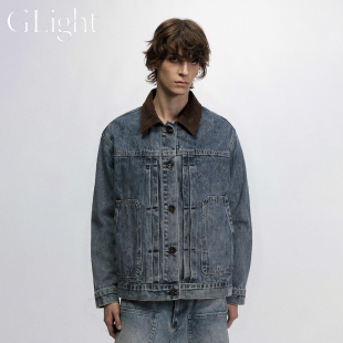 短款 复古秋季 牛仔外套痞帅潮牌撞色翻领男女休闲夹克 Light美式