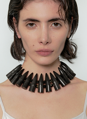 Fanciegarden 黑色系重工个性夸张牛角造型玛瑙气场魅力项链