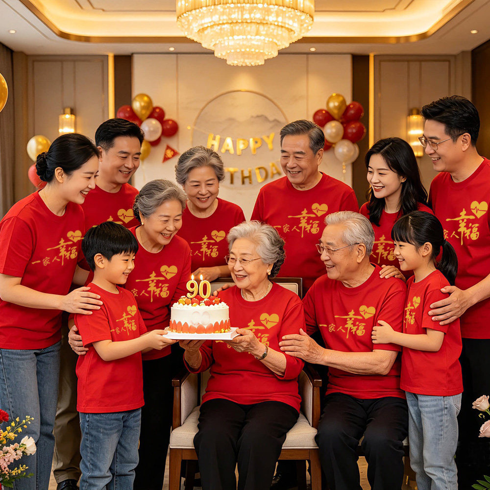 红色寿星老人生日T恤定制，纯棉