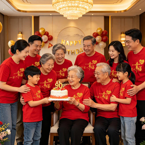 红色寿星老人生日T恤定制，纯棉