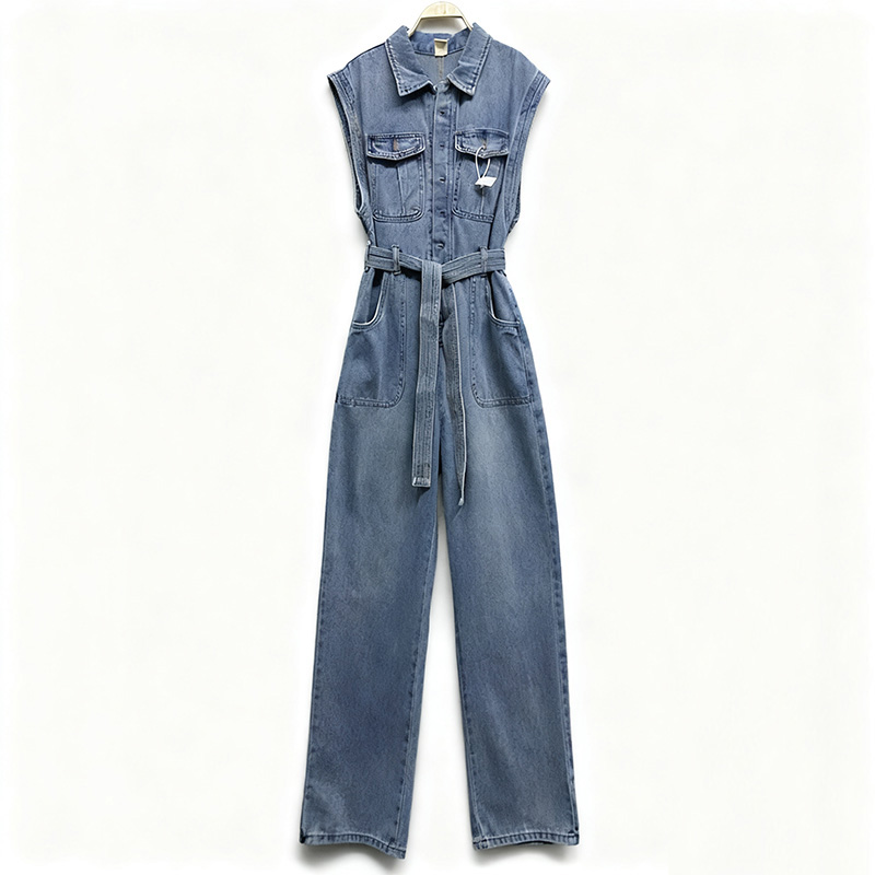 无袖单排扣直筒牛仔连体裤