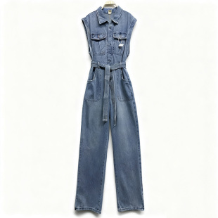 单排扣直筒牛仔连体裤 百搭磨白无袖 新款 外贸原单175高个子女装