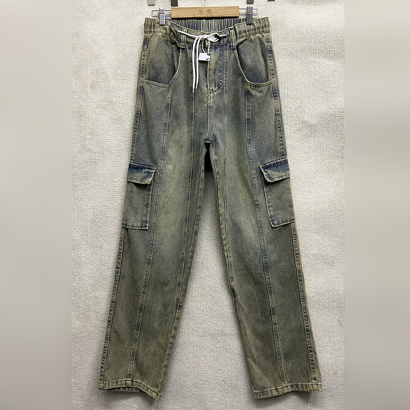 磨白做旧松紧腰直筒工装牛仔裤