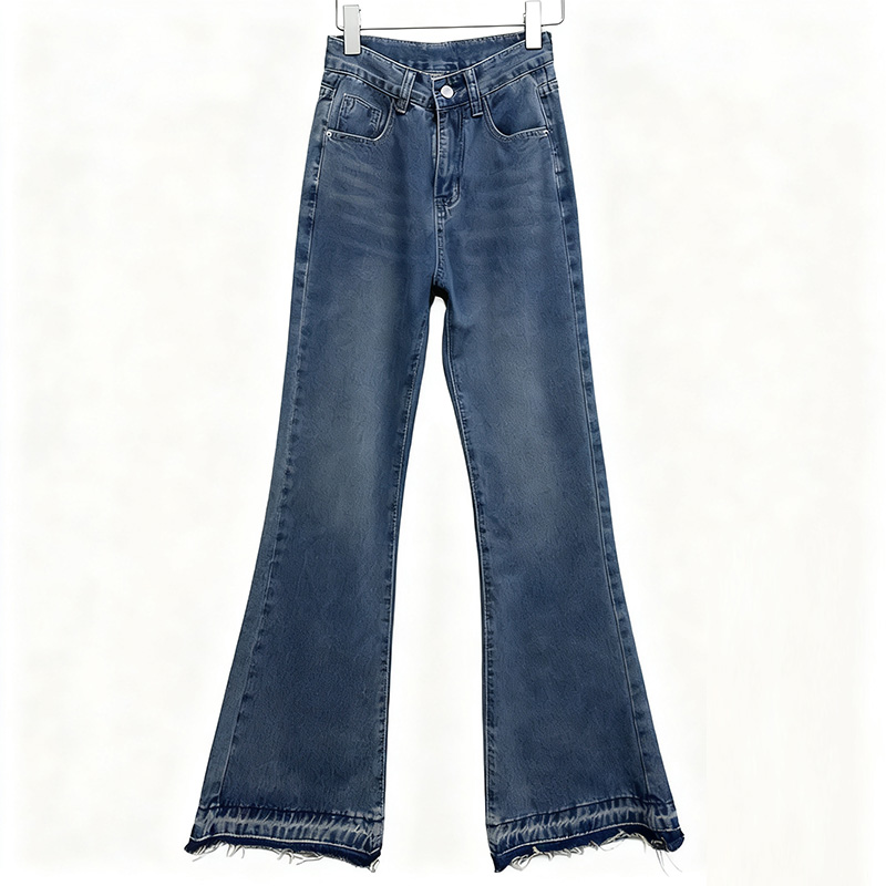 磨白百搭高腰毛边喇叭牛仔裤