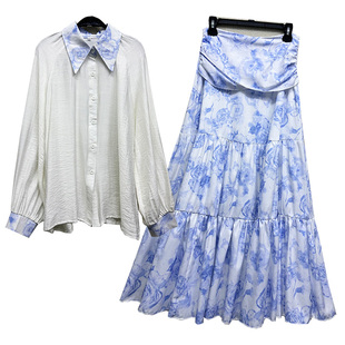 百搭宽松上衣 POLO领单排扣长袖 高腰半身裙两件套 女装 2025新款