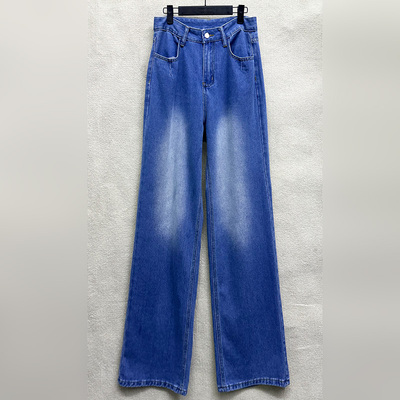 女装百搭磨白高腰直筒牛仔裤