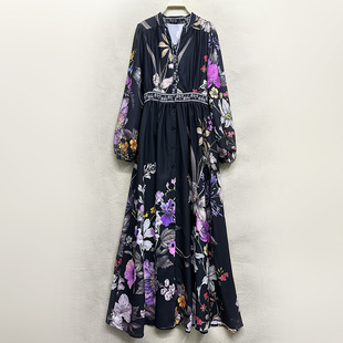 外贸原单170高个子新款女装长袖V领花朵印花单排扣A字裙连衣裙