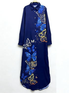 外贸原单175高个子新款时尚女装长袖百搭单排扣宽松印花连衣裙