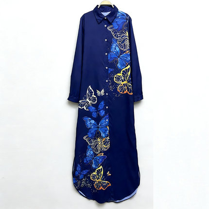 外贸原单175高个子新款时尚女装长袖百搭单排扣宽松印花连衣裙