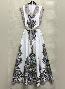 外贸原单170高个子宫廷风女装无袖西装领单排扣长款印花连衣裙