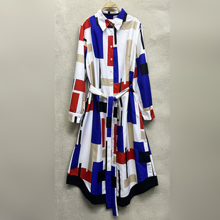 女装 大码 长袖 翻领单排扣长款 连衣裙 秋季 百搭印花衬衫 新款