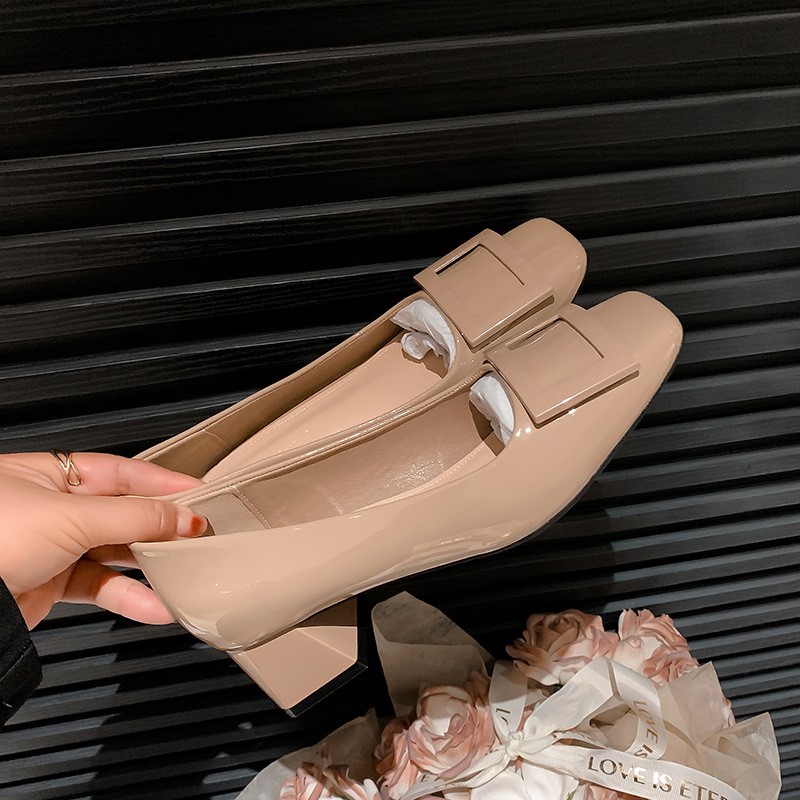 进口596-3~2025年夏季经典方扣粗跟温柔风方头优雅气质高跟单鞋春