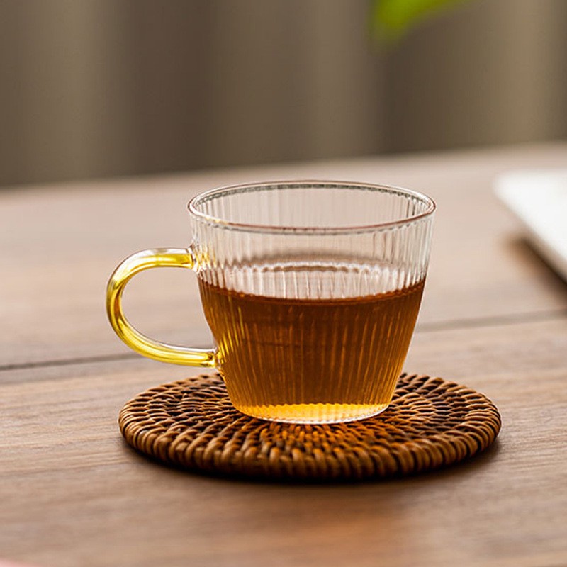 德国进口竖纹玻璃茶杯家用茶具透明杯条纹带把手女主人杯品茗杯耐
