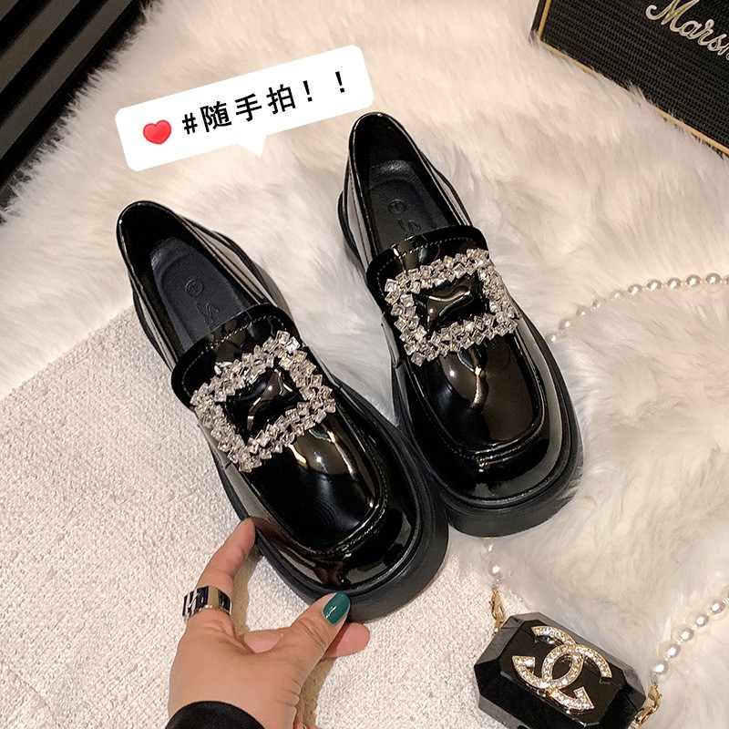进口水钻方扣厚底乐福鞋女2025秋冬新款圆头粗跟一脚蹬英伦小皮鞋