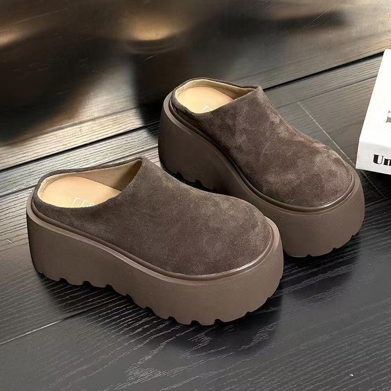 进口磨砂松糕厚底包头半拖鞋女外穿复古秋冬季加绒小个子增高棉拖