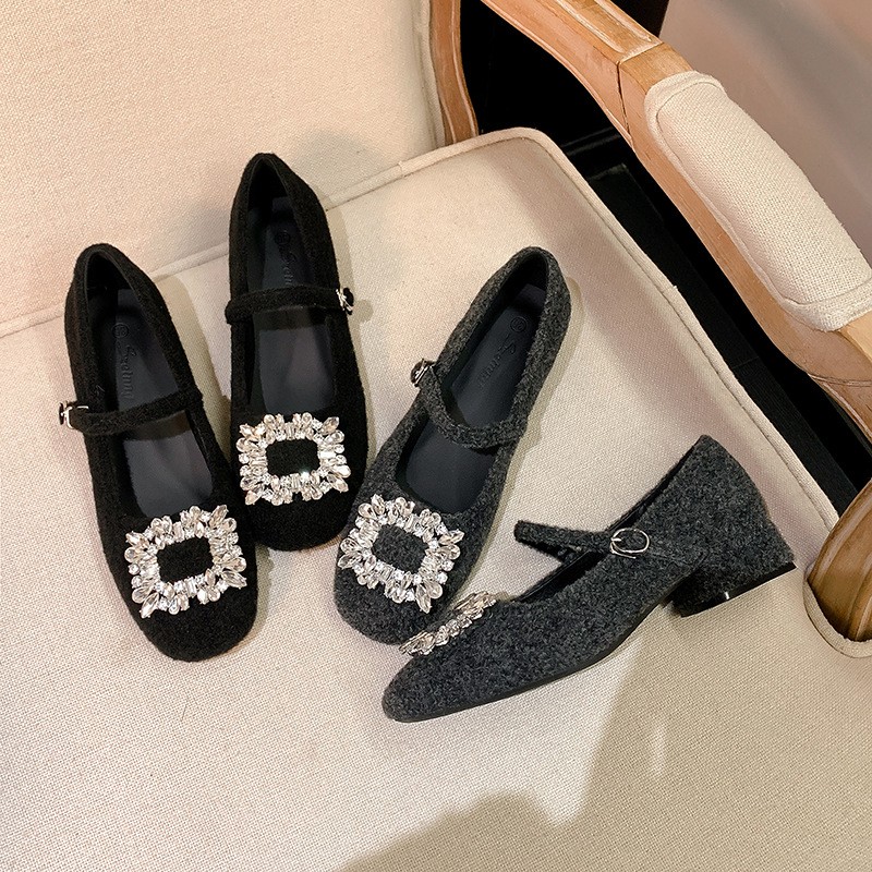 进口水钻方扣毛毛玛丽珍鞋女秋冬加绒方头一字带粗跟鞋子保暖法式