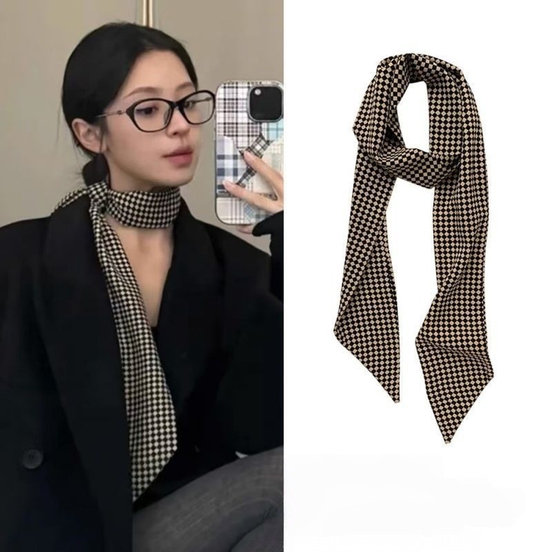 进口韩系简约黑白格子丝巾女高级感搭职业西装衬衫围巾长条领巾系