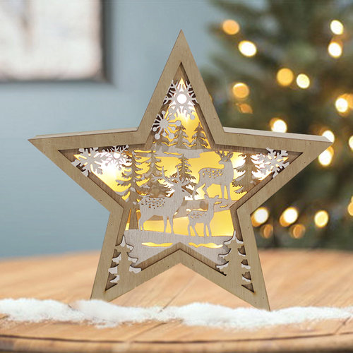 祥祺圣诞节装饰木制五角星LED灯