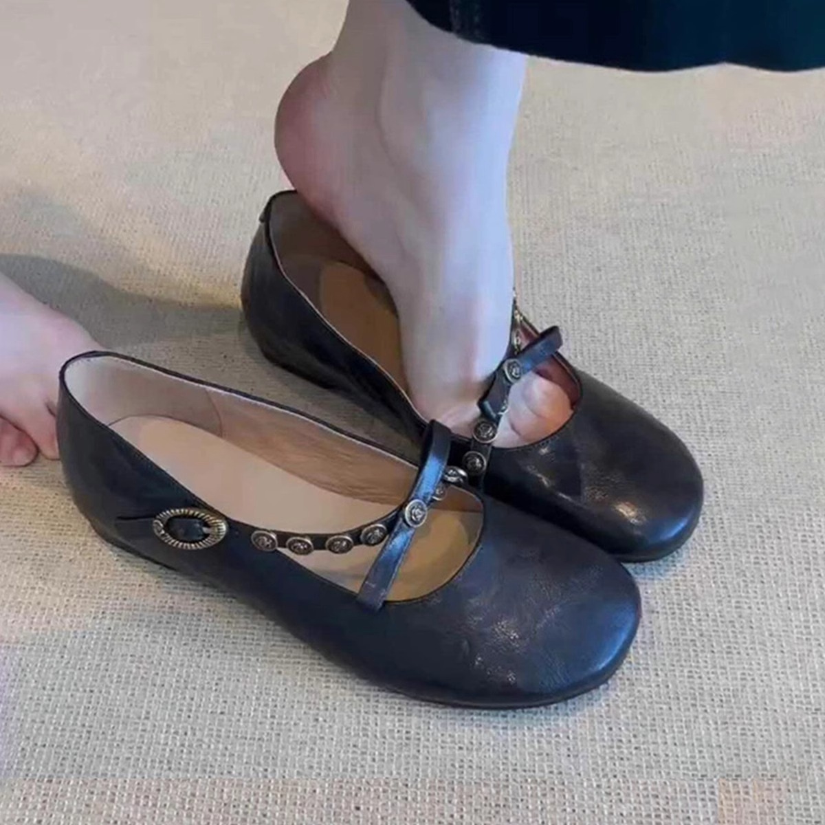 平底真皮一脚蹬玛丽珍鞋女