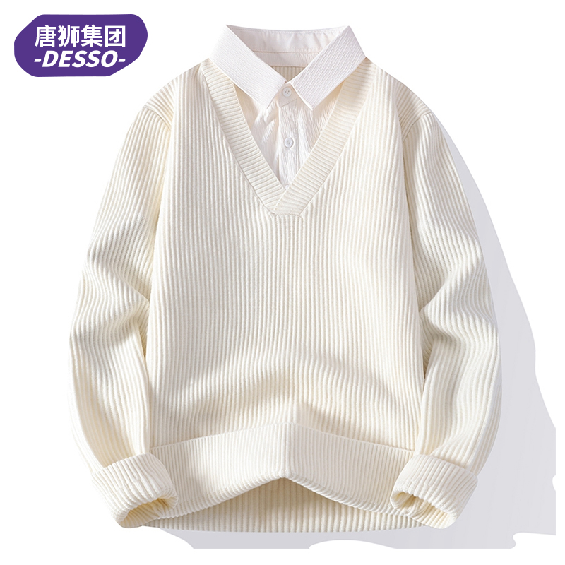 唐狮集团DESSO衬衫领毛衣男士2025假两件针织衫男秋冬季设计感